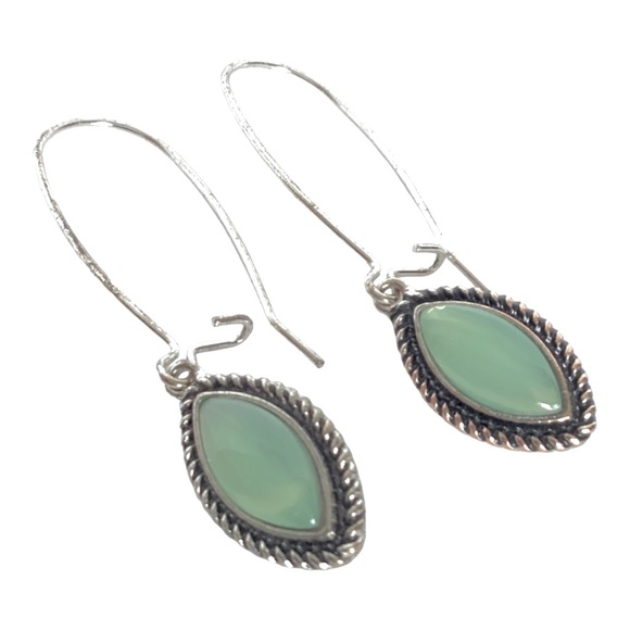 Scroll Silver Tone Green Cab Kidney Wire Earrings Sterling Silver Post - Picture 7 of 11